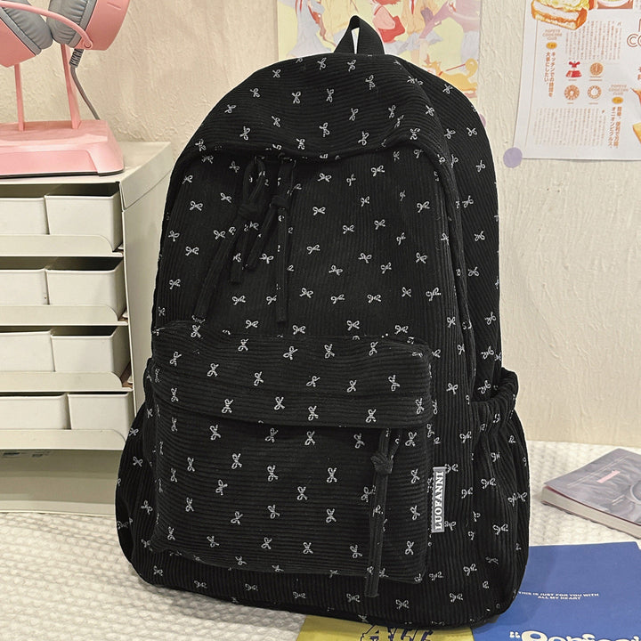 Charming Bow-Embellished Corduroy School Backpack