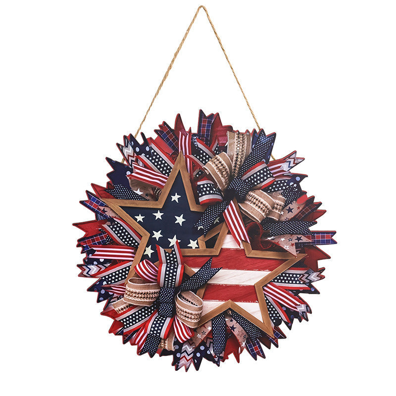 Unisex nan Patriotic Americana Burlap Ribbon Star Door Wreath with Jute Hanger Kalsten