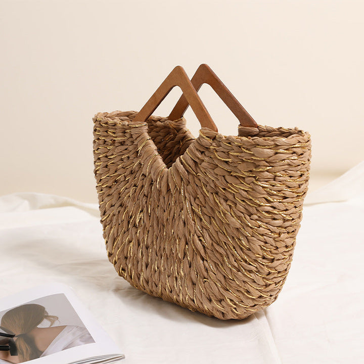 Handcrafted Portable Baskets Bag with Wooden Handles Kalsten