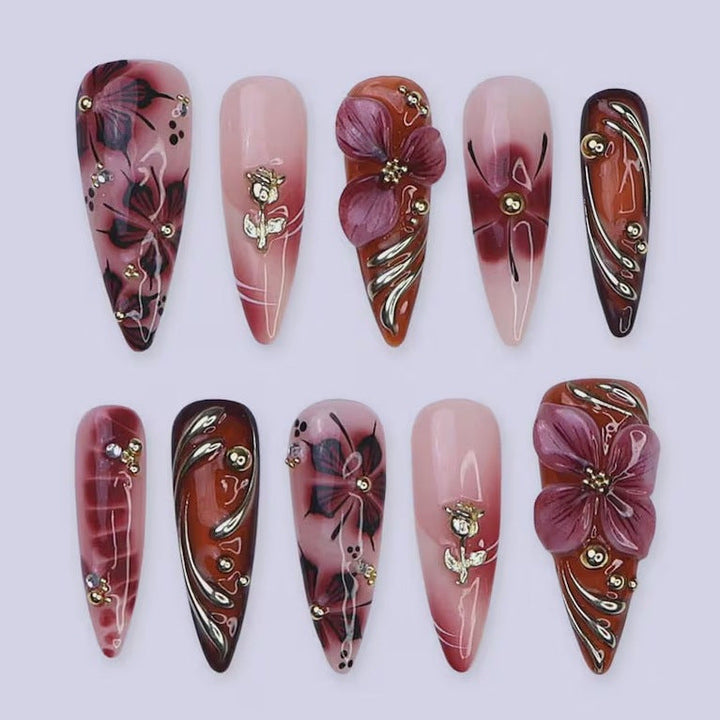 Artistic Floral and Gold Accent Press-On Nails Kalsten