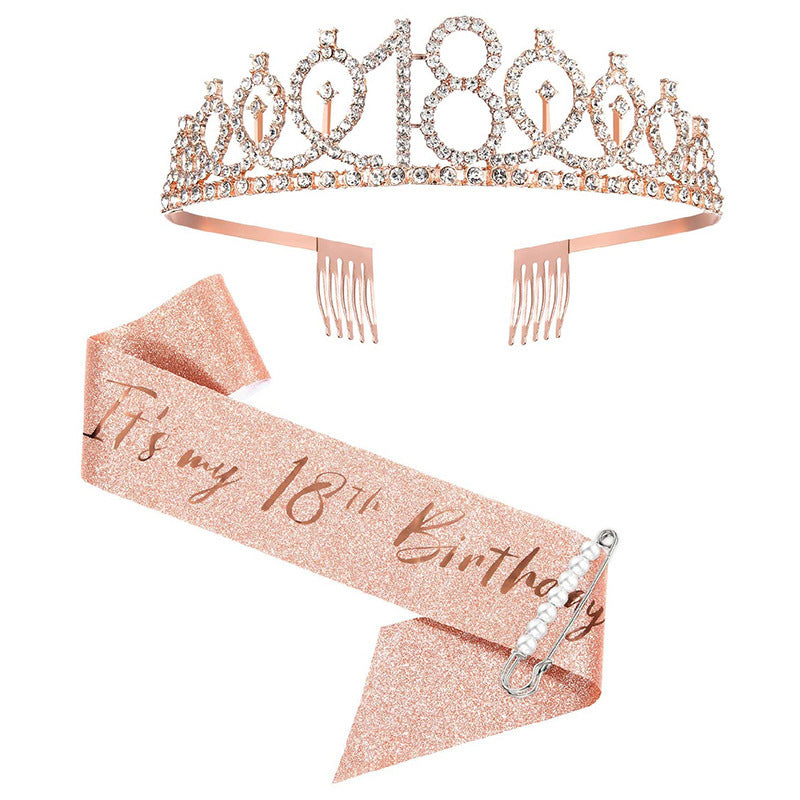 Women Crystal-Embellished Birthday Crown with Personalized Sash Kalsten
