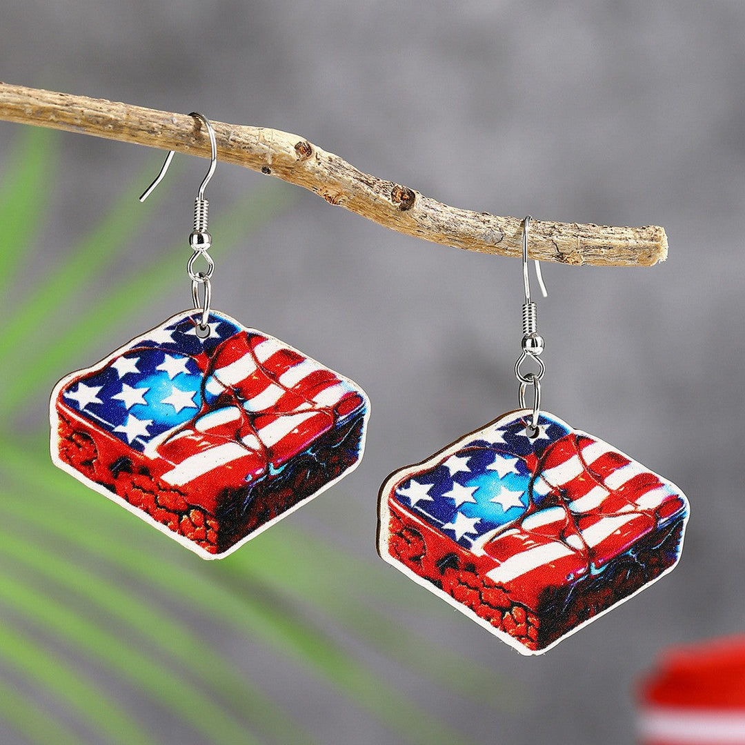 Ladies' lightweight wooden earrings in airplane jet design with patriotic motif and hypoallergenic fish hook Kalsten