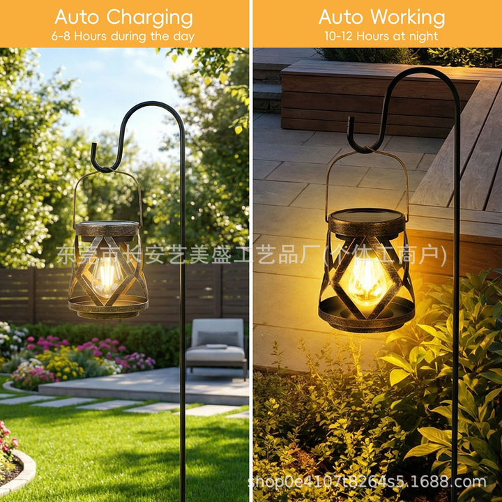 Portable Antique-Style Solar LED Lantern Pair With Built-In Solar Panel Hanging Handle And Weatherproof Metal Lattice Frame Kalsten