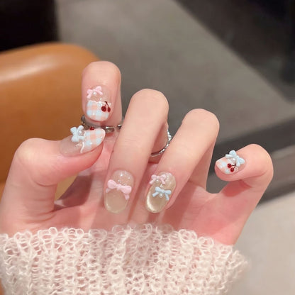 Decorative Press-On Nail Art Set with Charming Bow and Cherry Accents Acalora