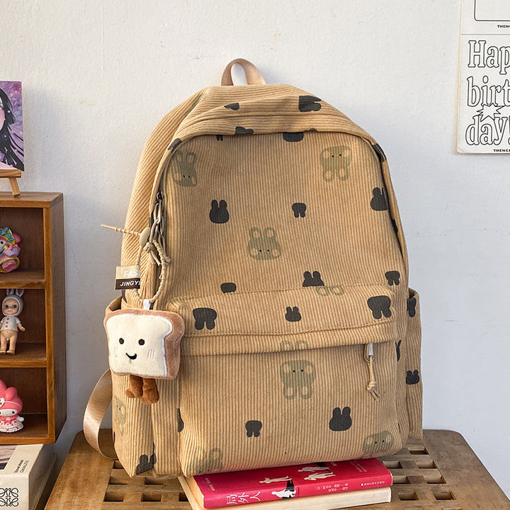 Cute Bear Patterned Corduroy School Backpack