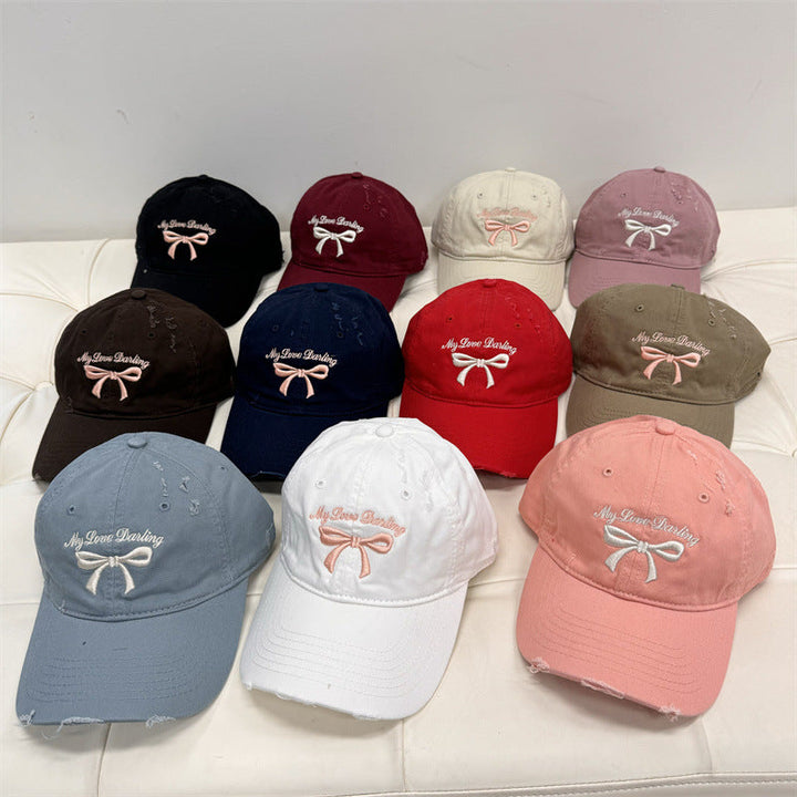 Women's Distressed Cotton Baseball Cap with Bow Embroidery Kalsten