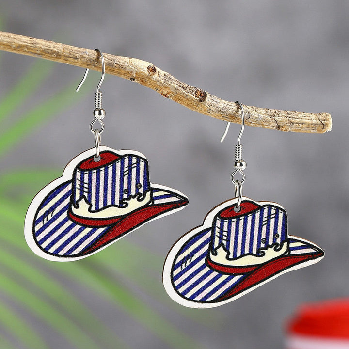 Ladies' lightweight wooden earrings in airplane jet design with patriotic motif and hypoallergenic fish hook Kalsten