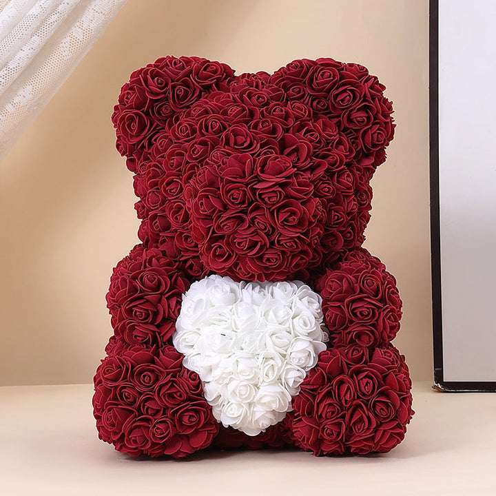Foam Rose Teddy Bear Gift Sculpture With Satin Ribbon Bow