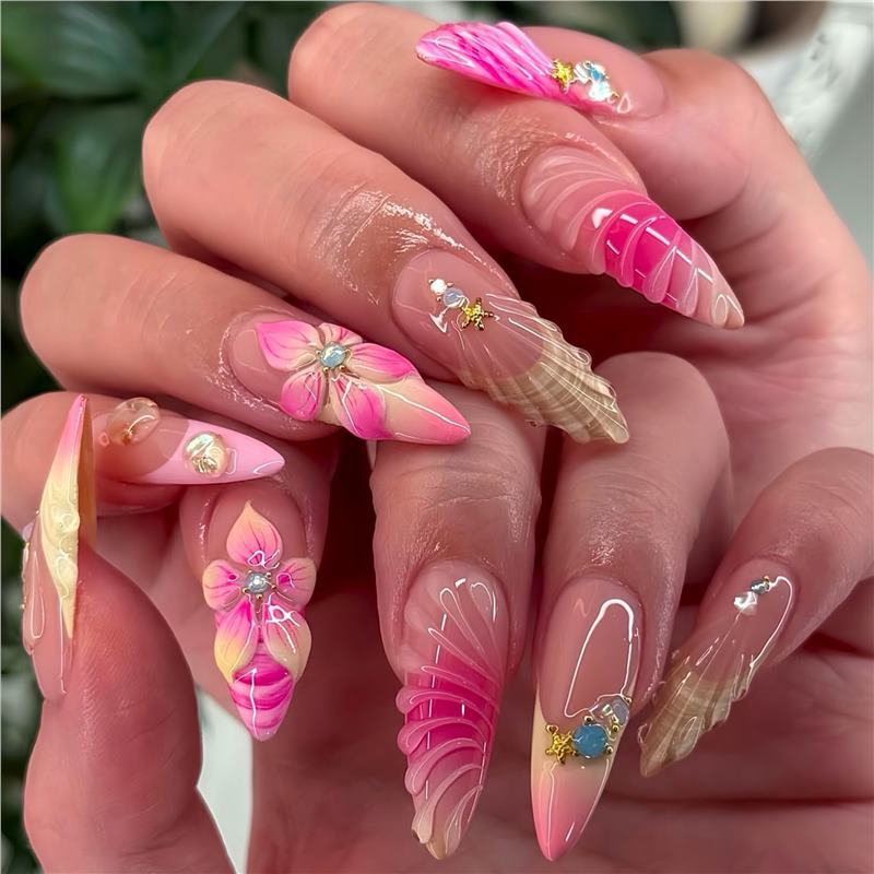 Decorative Stiletto Press-On Nail Art with Floral Accents Acalora