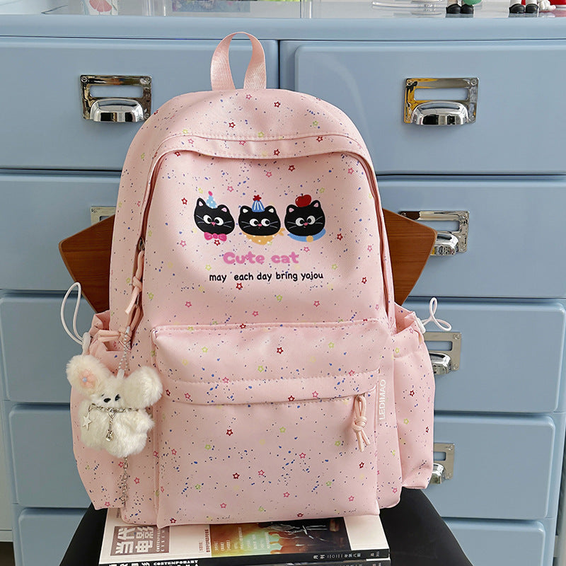 Cute Cat-Themed Multi-Pocket School Backpack