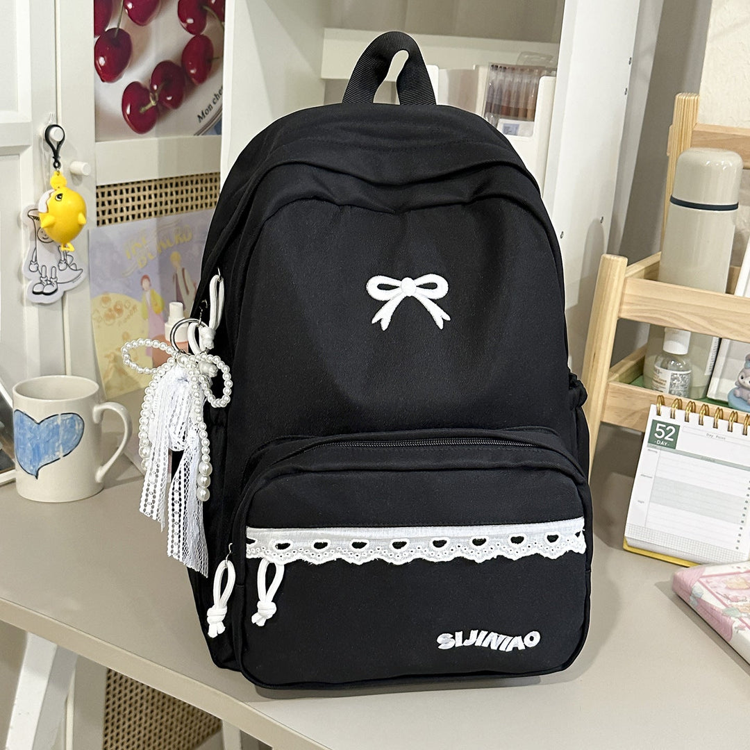 Cute Bow-Embellished Multi-Pocket School Backpack
