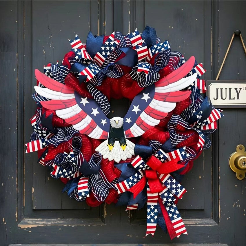 Unisex nan handcrafted Americana medallion wreath with layered deco mesh ribbons star motif bows and rustic sign Kalsten