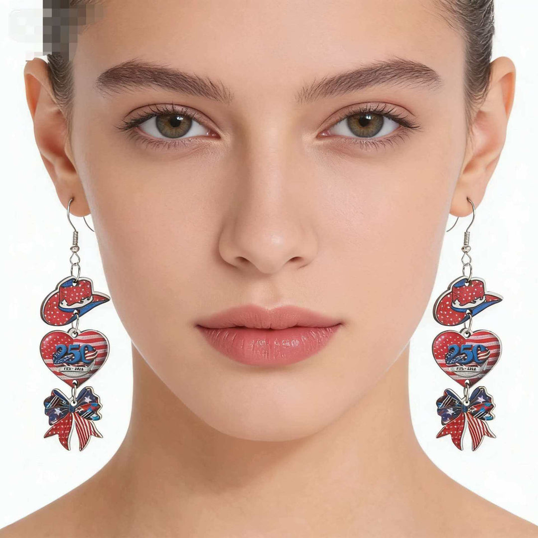 Women's nan patriotic triple-charm dangly novelty earrings with cowboy hat heart bow Kalsten