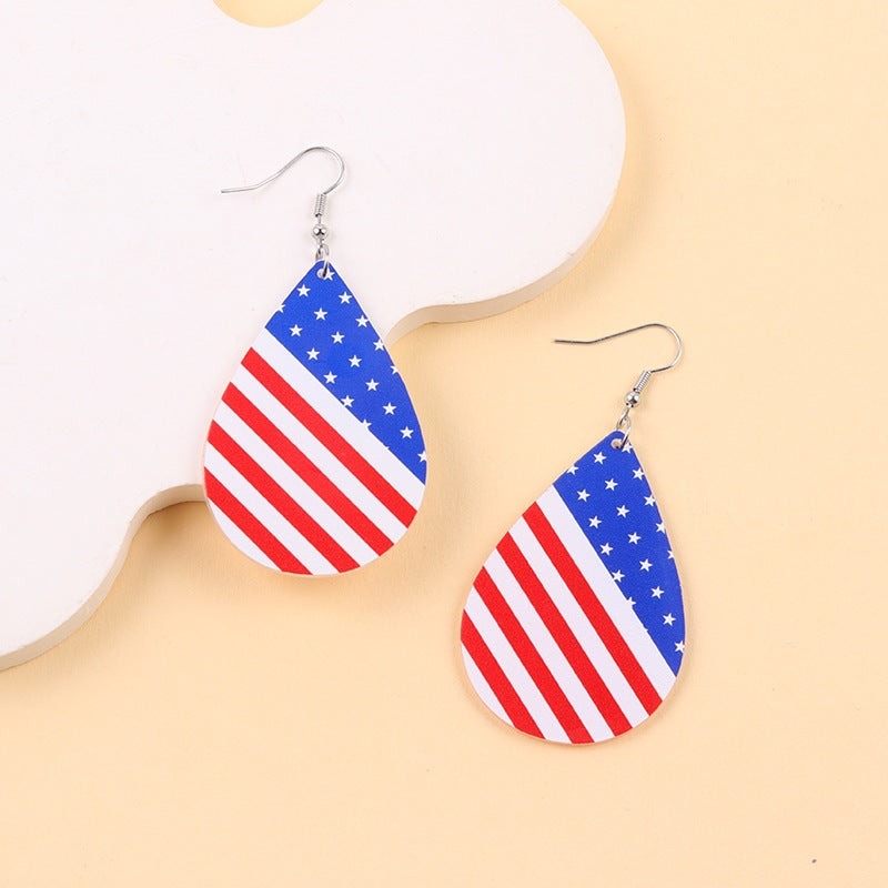 Women heart-shaped drop earrings with patriotic flag print and nickel-free hooks Kalsten