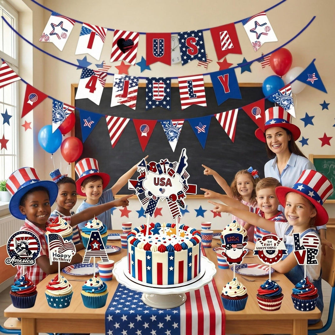 Unisex nan multiple cupcake topper set with patriotic USA motifs made of double-sided printed cardboard and wooden skewers Kalsten