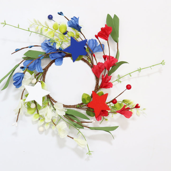 Unisex hand-crafted door wreath with wooden stars, artificial flowers, and flexible vine branch Kalsten