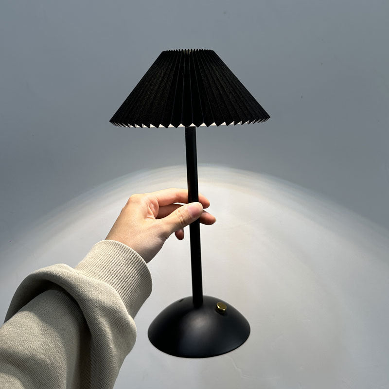 Contemporary Scandinavian rechargeable iron fabric cone pleated LED table lamp for bedside | Kalsten