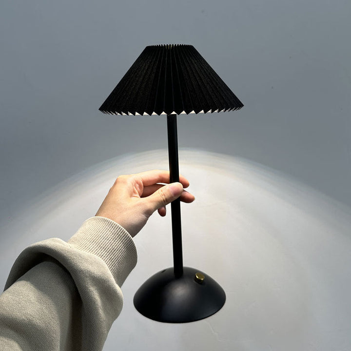 Contemporary Scandinavian rechargeable iron fabric cone pleated LED table lamp for bedside | Kalsten