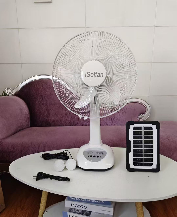 Women's solar-powered pedestal fan with integrated LED lighting and flexible control system Kalsten