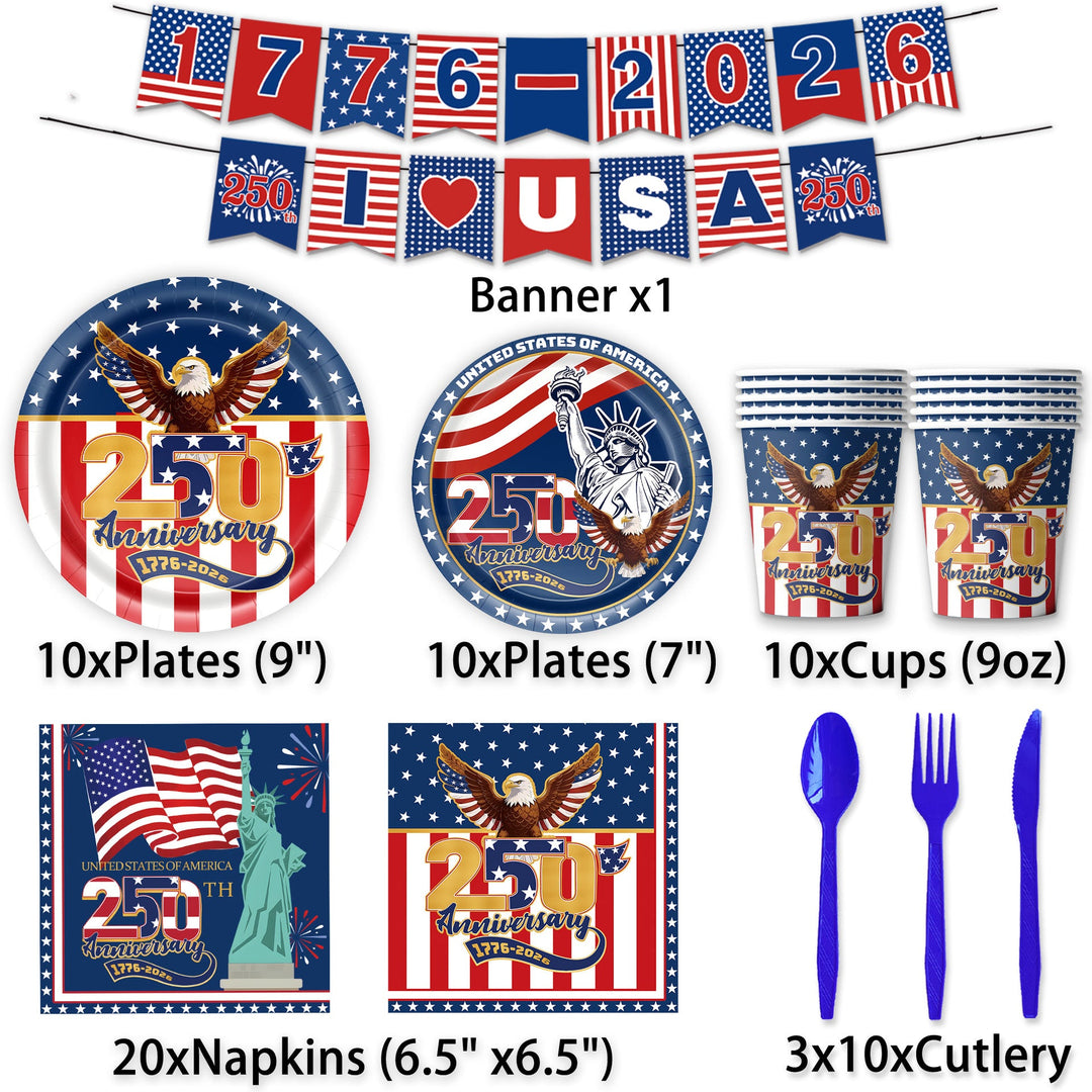 Unisex nan Patriotic Anniversary Disposable Tableware Party Kit with Stars Stripes Plates Cups Napkins Cutlery Banner Kalsten