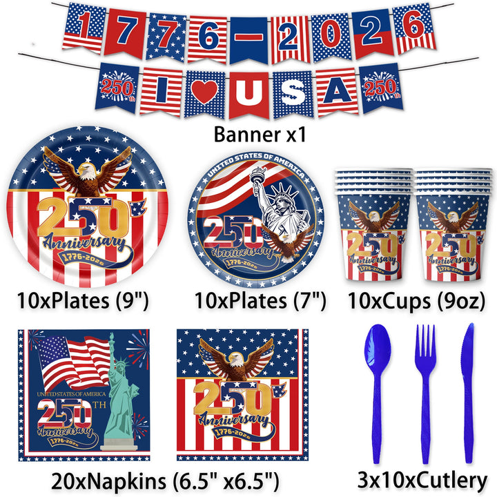 Unisex nan Patriotic Anniversary Disposable Tableware Party Kit with Stars Stripes Plates Cups Napkins Cutlery Banner Kalsten