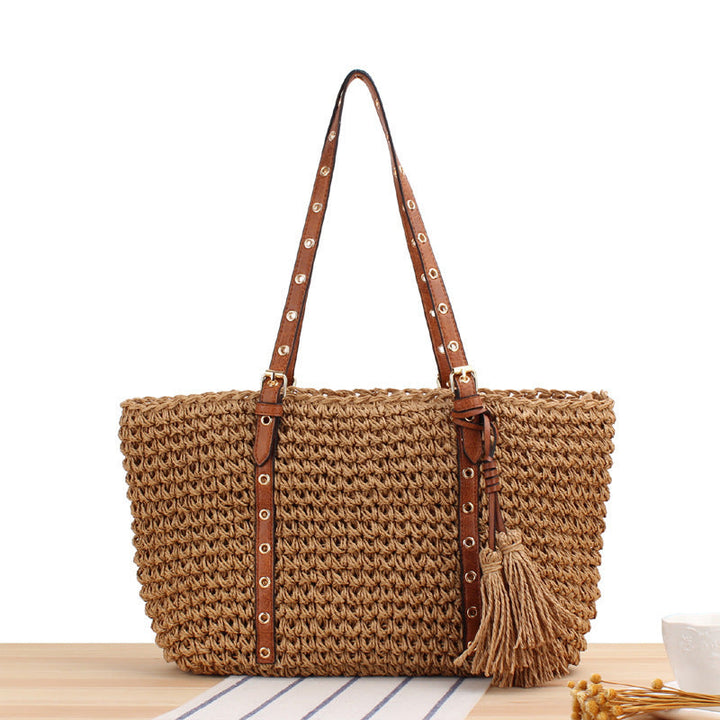 Large Braided Beach Bag with Elegant Contrast Handles Kalsten