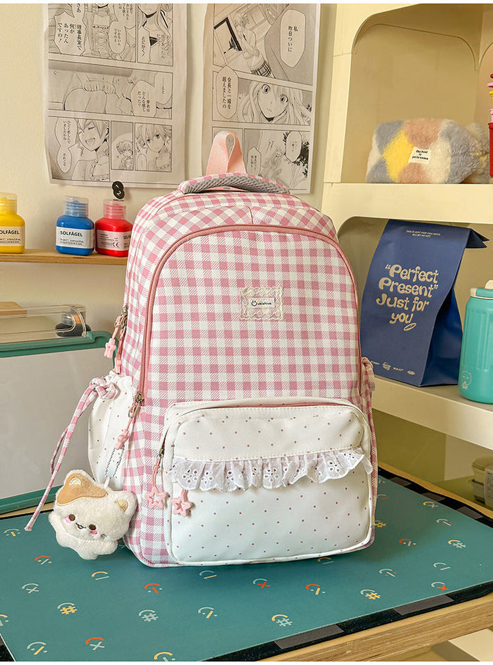 Adorable Gingham-Patterned Multi-Pocket School Backpack