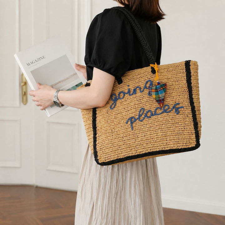 Bast tote bag with colorful patch Kalsten
