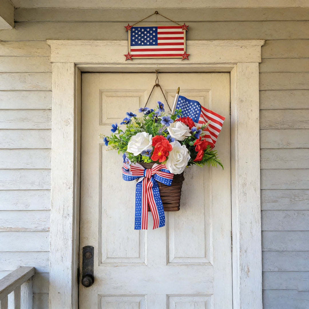 Unisex nan American patriotic door hanging floral basket with ribbon accents Kalsten