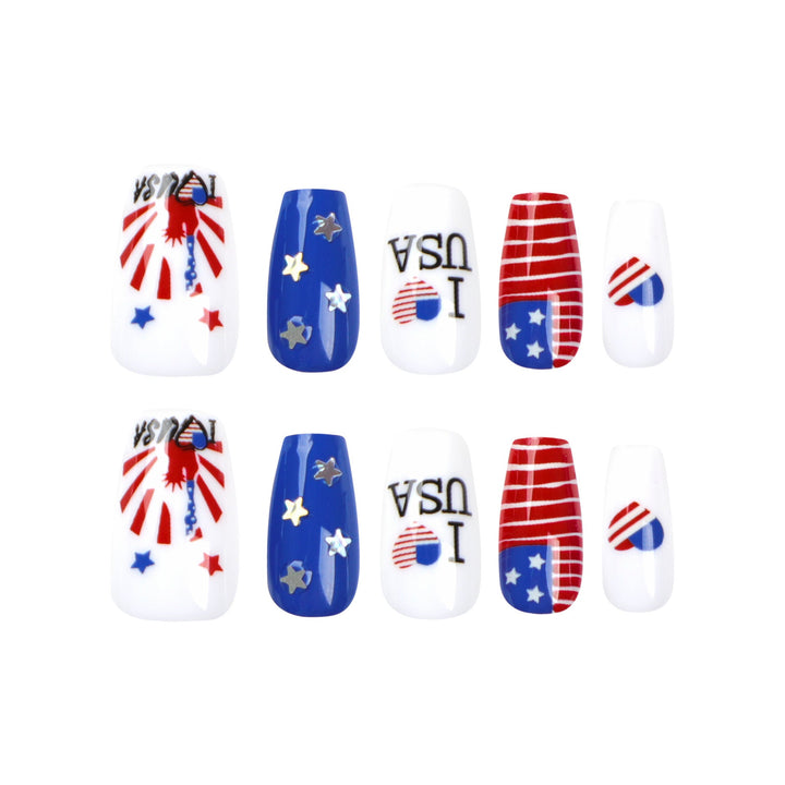 Women's nan long glossy patriotic press-on acrylic nails set with star and flag decals Kalsten