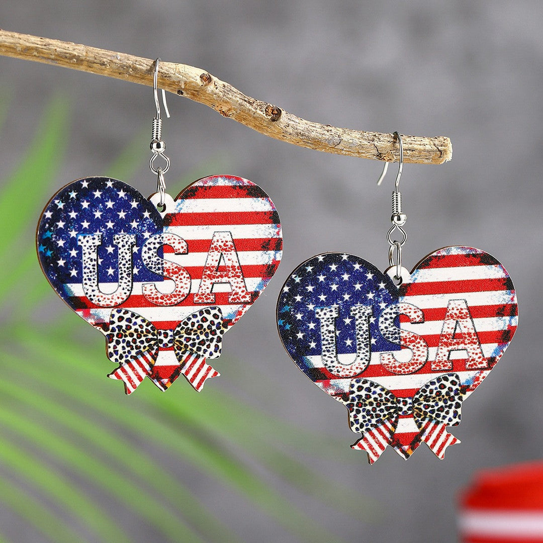Ladies' lightweight wooden earrings in airplane jet design with patriotic motif and hypoallergenic fish hook Kalsten