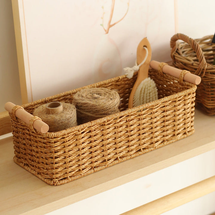 Rectangular Woven Storage Basket with Wooden Handles Kalsten