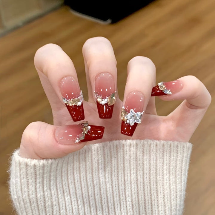 Elegant Artificial Nails with Shimmering Gradient Color and Floral Accents Kalsten