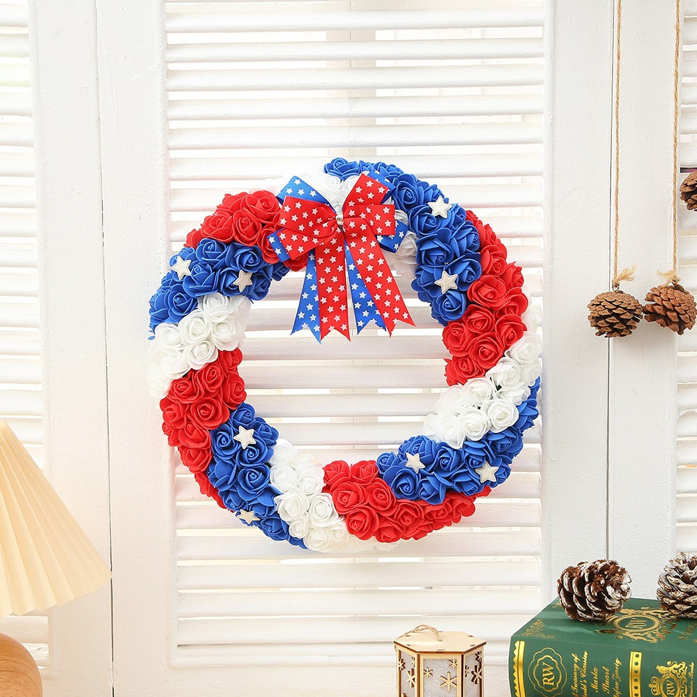 Unisex nan decorative foam rose door wreath with star appliqués and bow accent Kalsten