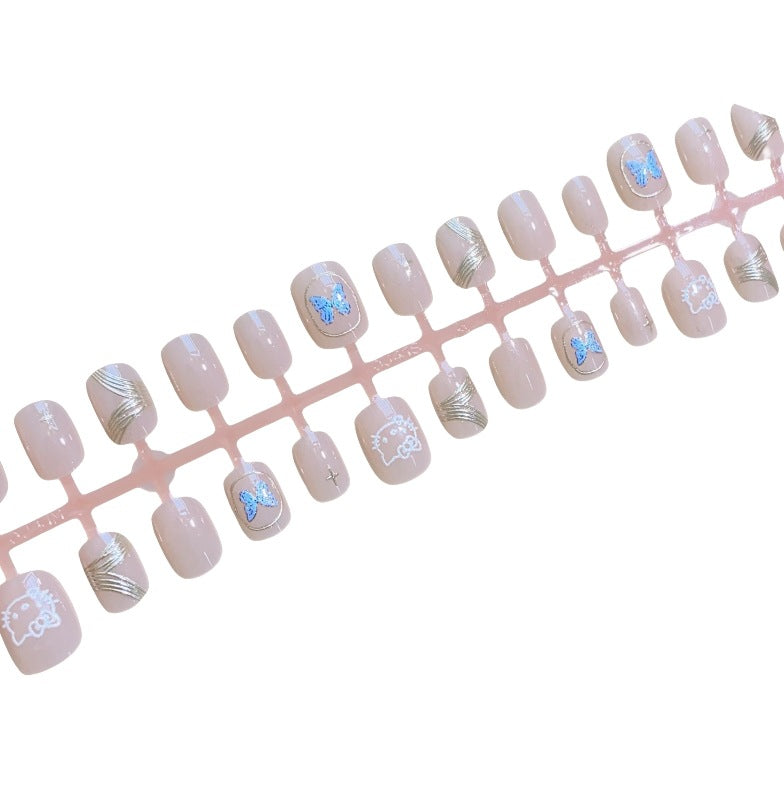 Artistic Press-On Nail Set with Butterfly and Metallic Design Kalsten