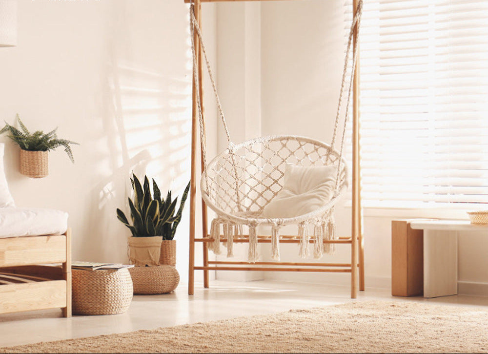 Macrame hanging chair with complete ceiling mounting kit and decorative tassel fringe Kalsten
