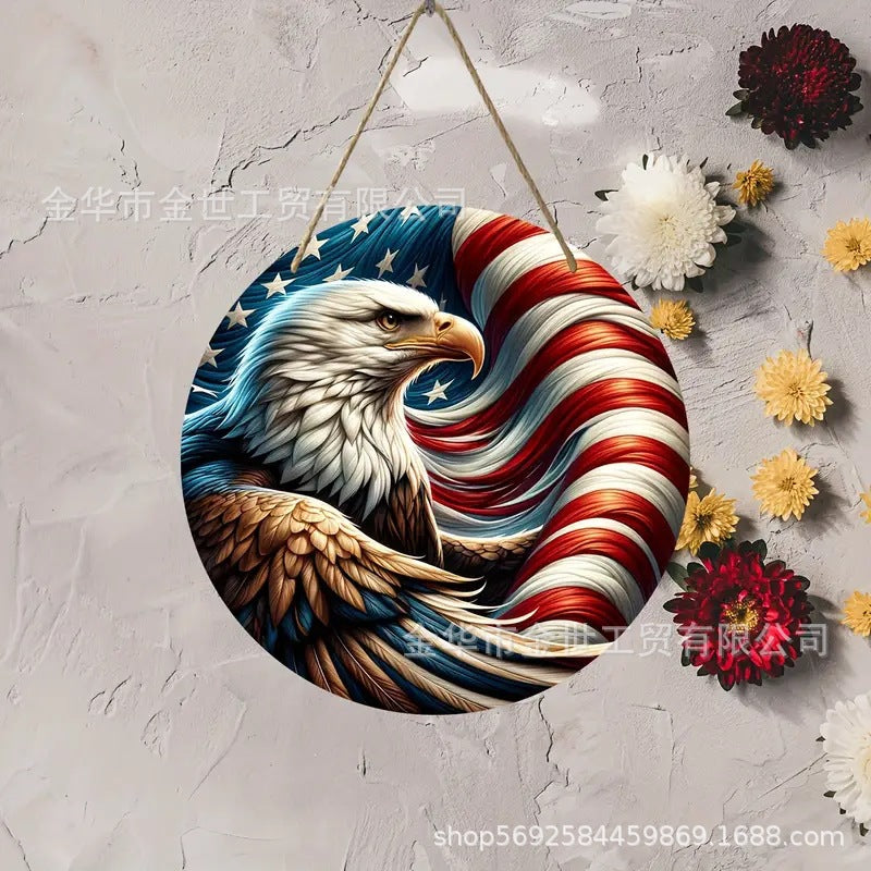 Independence Day rustic round wooden patriotic cross wall plaque with floral accents and God Bless America banner Kalsten