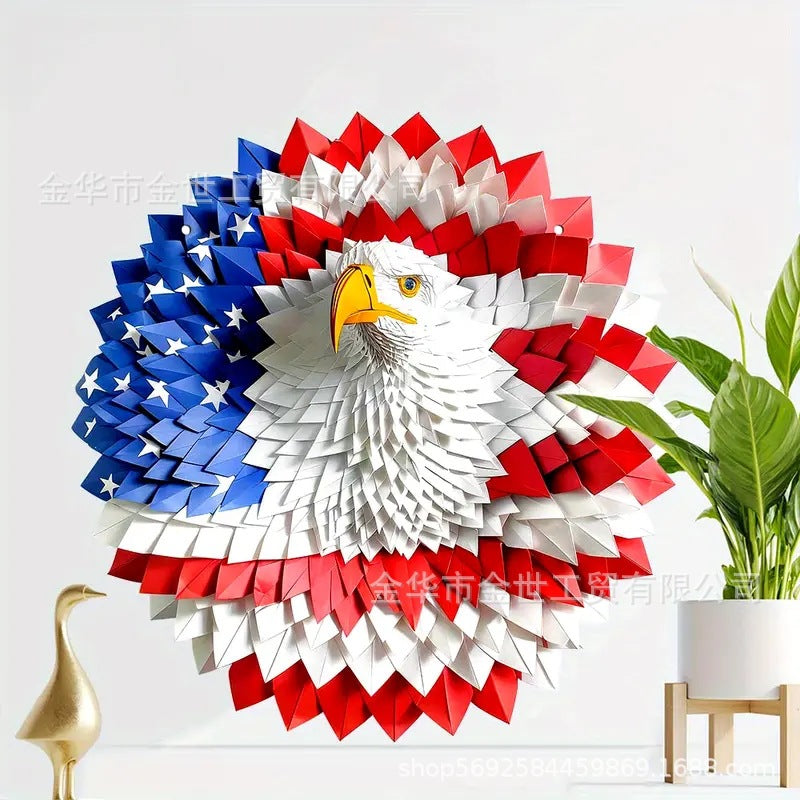 Independence Day rustic round wooden patriotic cross wall plaque with floral accents and God Bless America banner Kalsten