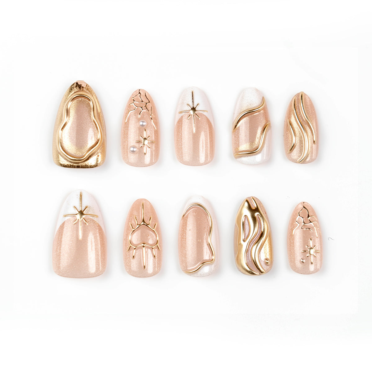 Artistic Press-On Nail Set with Elegant Gold Accents Acalora