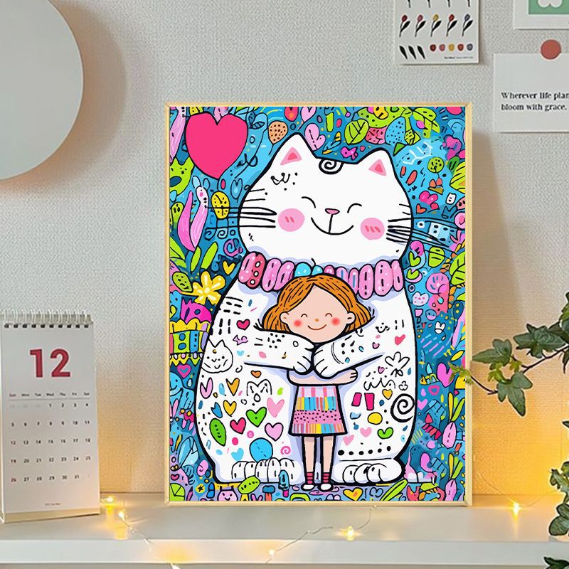 Playful Cat and Girl Illustration Canvas Art Kalsten