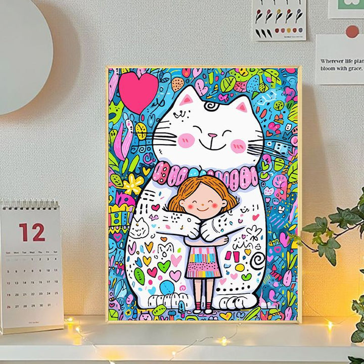 Playful Cat and Girl Illustration Canvas Art Kalsten