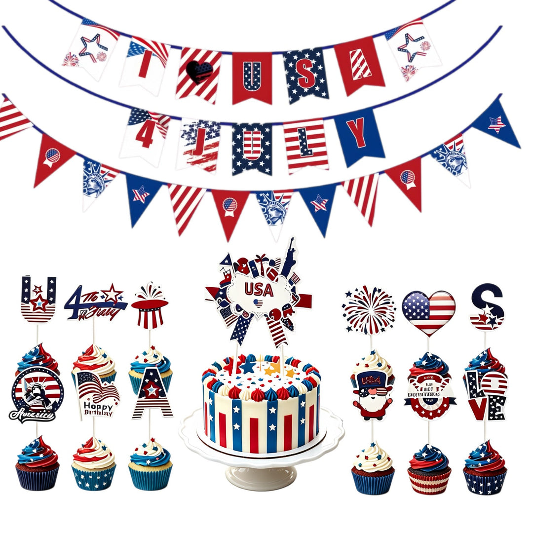Unisex nan multiple cupcake topper set with patriotic USA motifs made of double-sided printed cardboard and wooden skewers Kalsten
