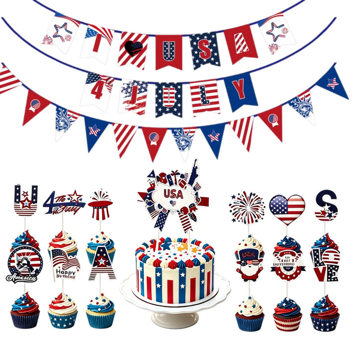 Unisex nan multiple cupcake topper set with patriotic USA motifs made of double-sided printed cardboard and wooden skewers Kalsten