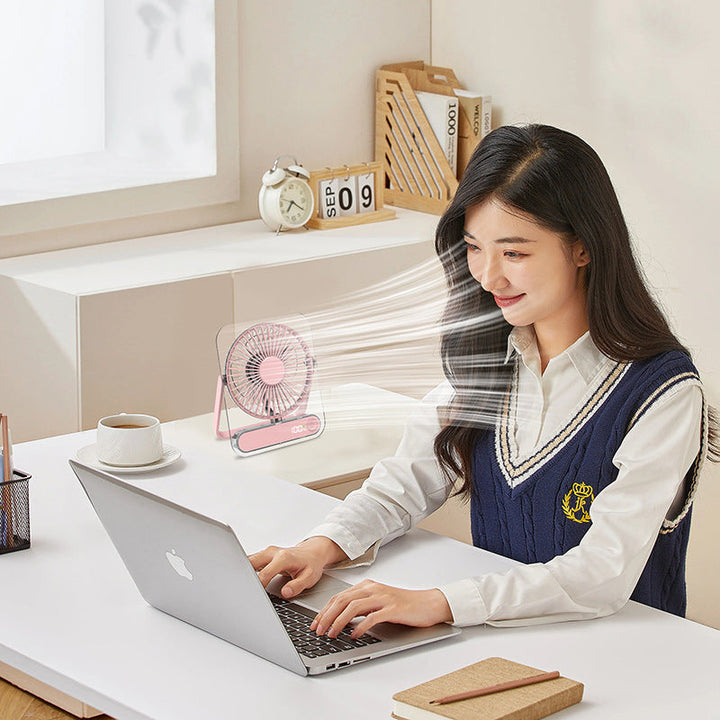 Cooling clear acrylic-framed rechargeable portable desk fan with digital battery percentage display and foldable handle Kalsten