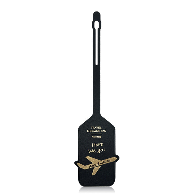 premium leather travel luggage ID tag with embossed airplane motif and adjustable strap Kalsten
