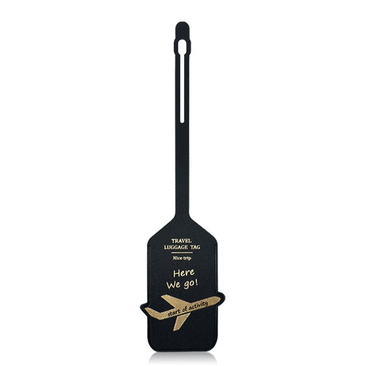 premium leather travel luggage ID tag with embossed airplane motif and adjustable strap Kalsten
