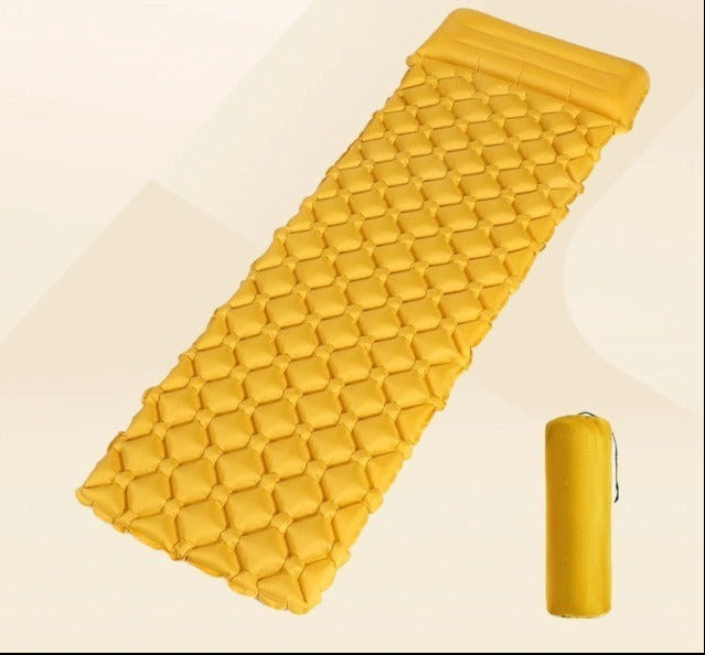 insulated inflatable camping sleeping pad with integrated headrest and quilted anti-slip surface Kalsten