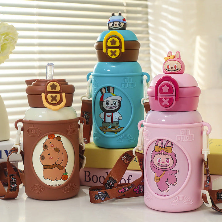 Ladies insulated drinking bottle with cute frog design and practical carrying strap Kalsten