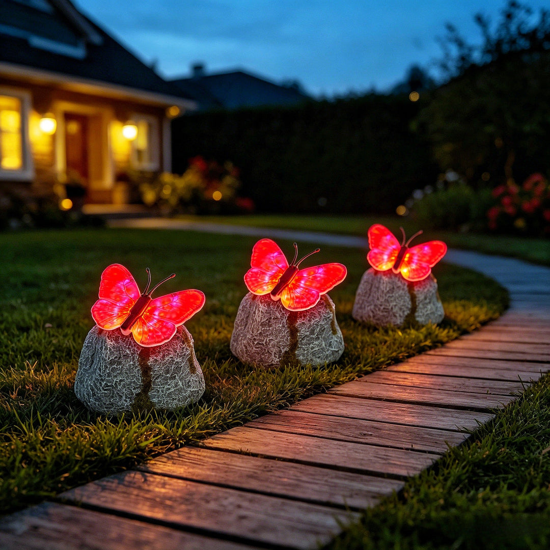 Decorative Solar-Powered Butterfly Perched Stone LED Garden Accent Kalsten