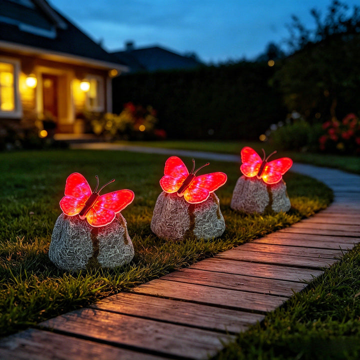 Decorative Solar-Powered Butterfly Perched Stone LED Garden Accent Kalsten